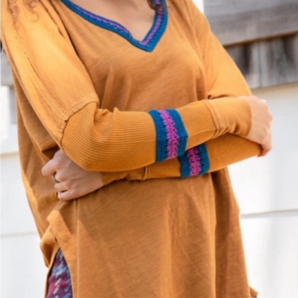 Natural Life mustard oversized boho comfy cotton crochet hippie long sleeve top - Picture 7 of 15
